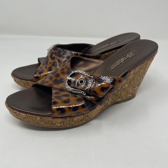 Brighton Summer Leopard Print Cork Wedge Sandals Size 6.5 - Picture 2 of 10